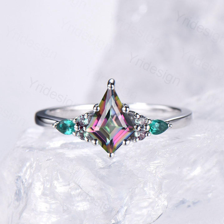 Vintage Rainbow mystic topaz engagement ring set kite cut art deco pear emerald alexandrite wedding ring set for women Art deco bridal set - PENFINE