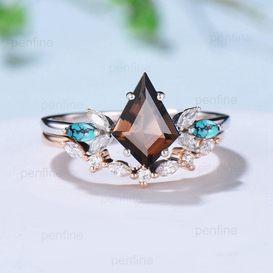 Vintage Kite cut smoky quartz engagement ring set art deco marquise turquoise bridal wedding ring set women anniversary promise ring gift - PENFINE