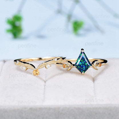 Vintage kite shaped black opal engagement ring set silver yellow gold Unique celestial moon wedding ring for women citrine promise ring band - PENFINE