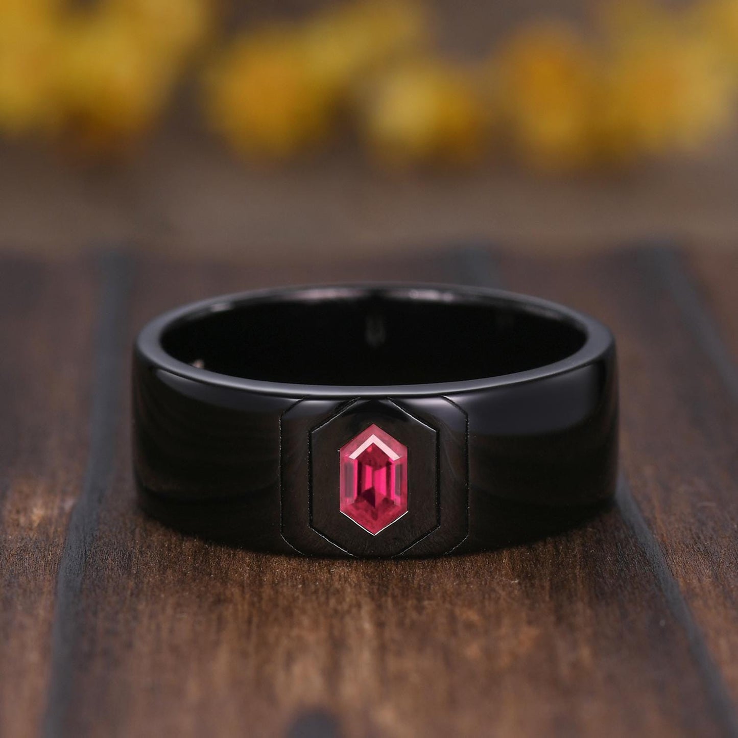 Gothic Couples Red Ruby Engagement Ring : 14k Black Gold Leaf Band Set