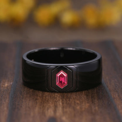 Gothic Couples Red Ruby Engagement Ring : 14k Black Gold Leaf Band Set