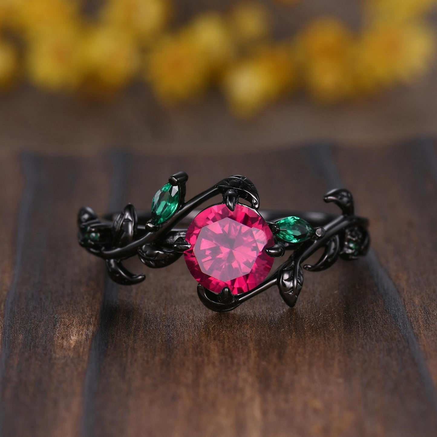 Gothic Couples Red Ruby Engagement Ring : 14k Black Gold Leaf Band Set