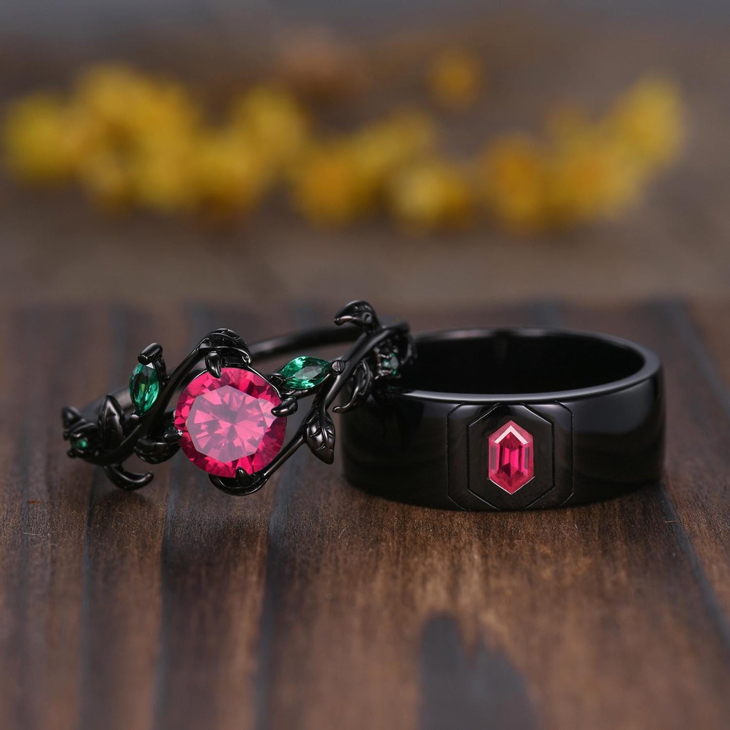Gothic Couples Red Ruby Engagement Ring : 14k Black Gold Leaf Band Set