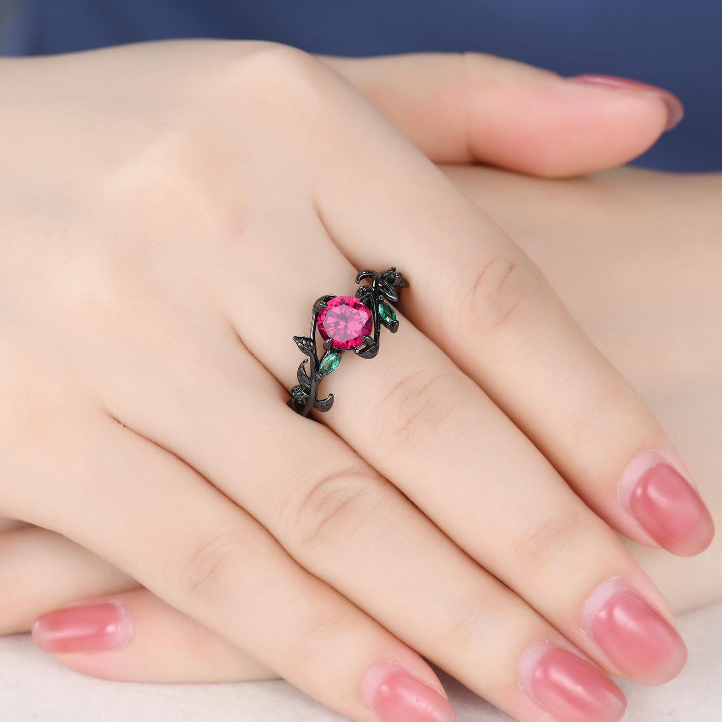 Gothic Couples Red Ruby Engagement Ring : 14k Black Gold Leaf Band Set