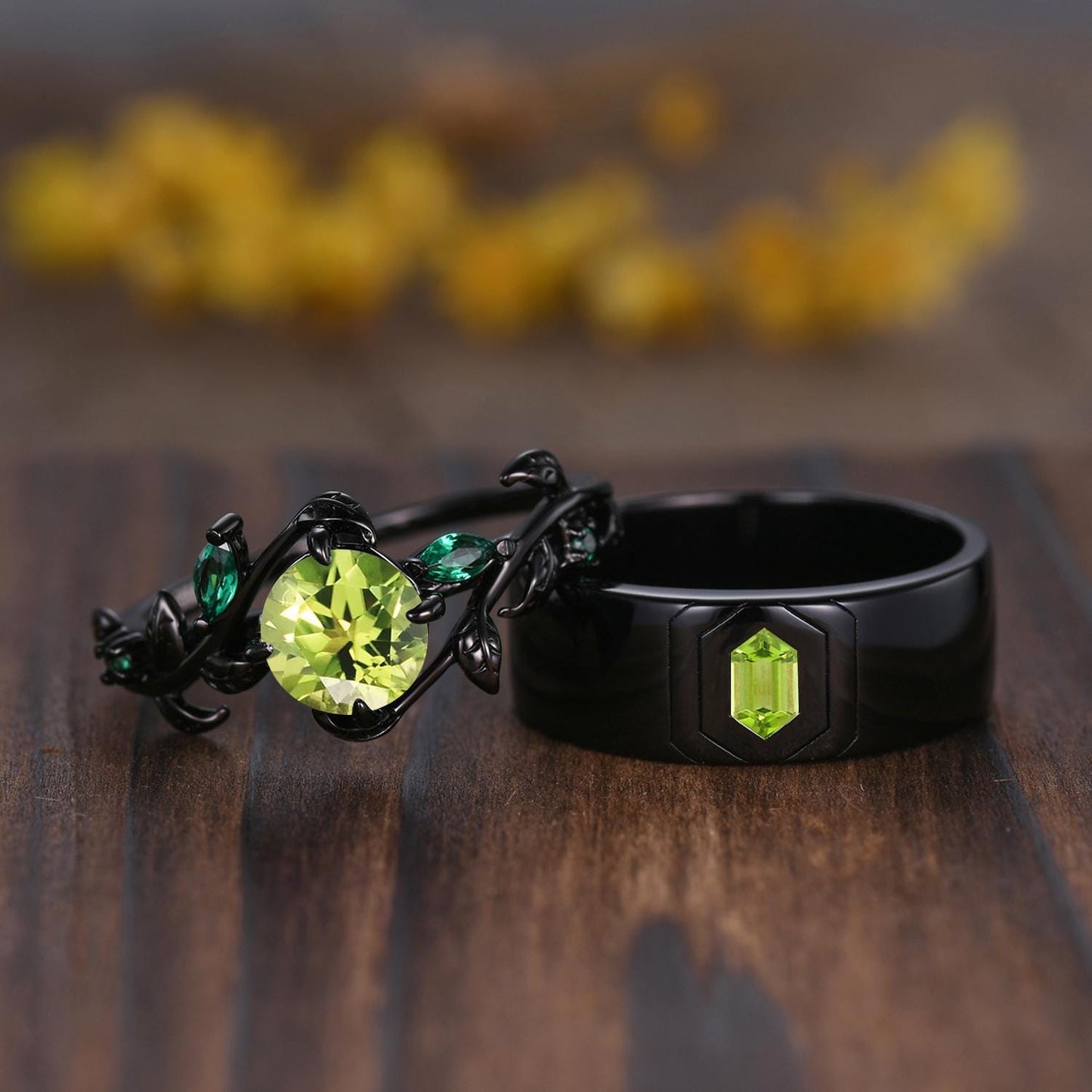 Gothic Couples Peridot Wedding Ring Set: 14K Black Gold Promise Rings