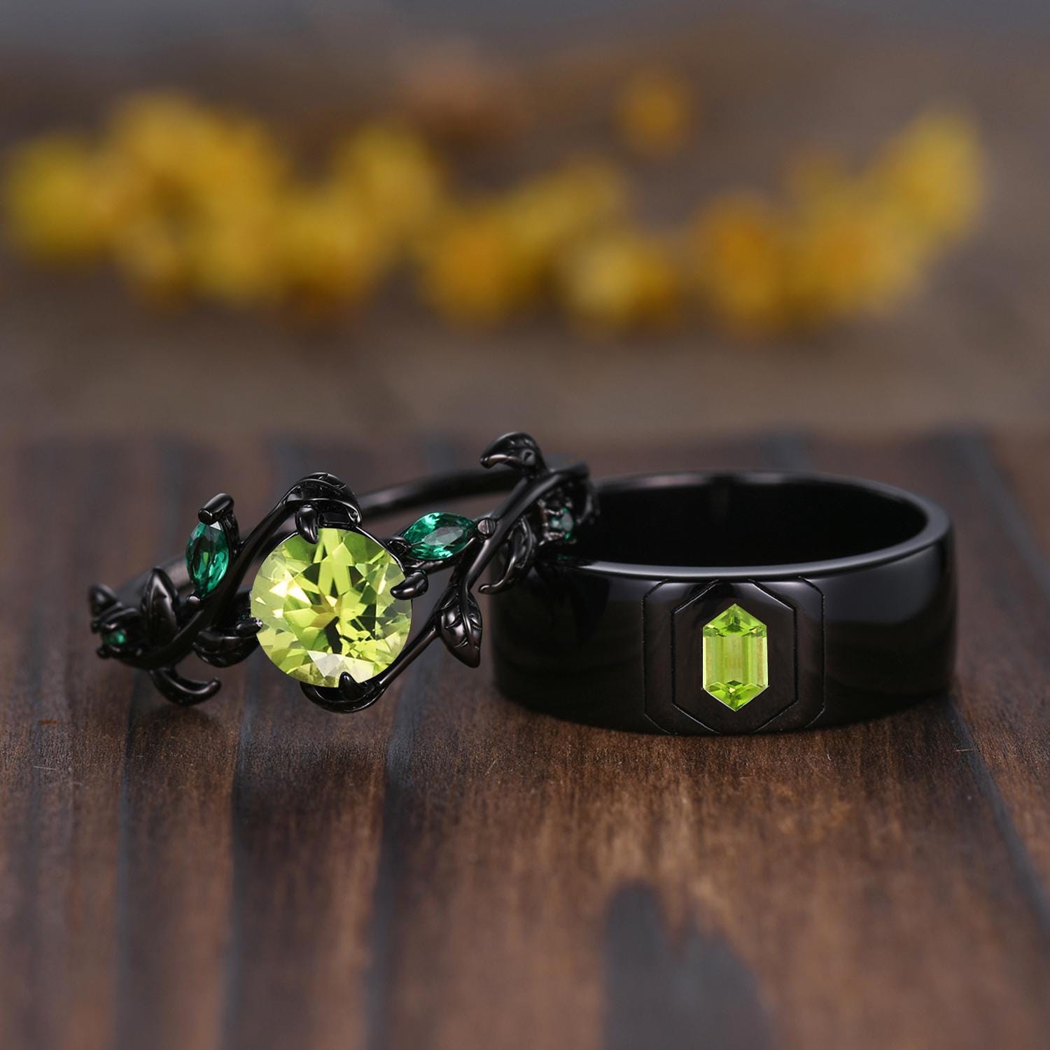 Gothic Couples Peridot Wedding Ring Set: 14K Black Gold Promise Rings