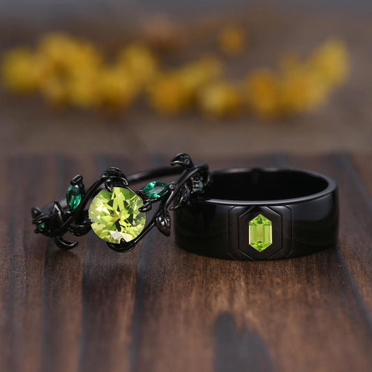 Gothic Couples Peridot Wedding Ring Set: 14K Black Gold Promise Rings