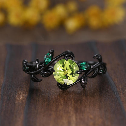Gothic Couples Peridot Wedding Ring Set: 14K Black Gold Promise Rings
