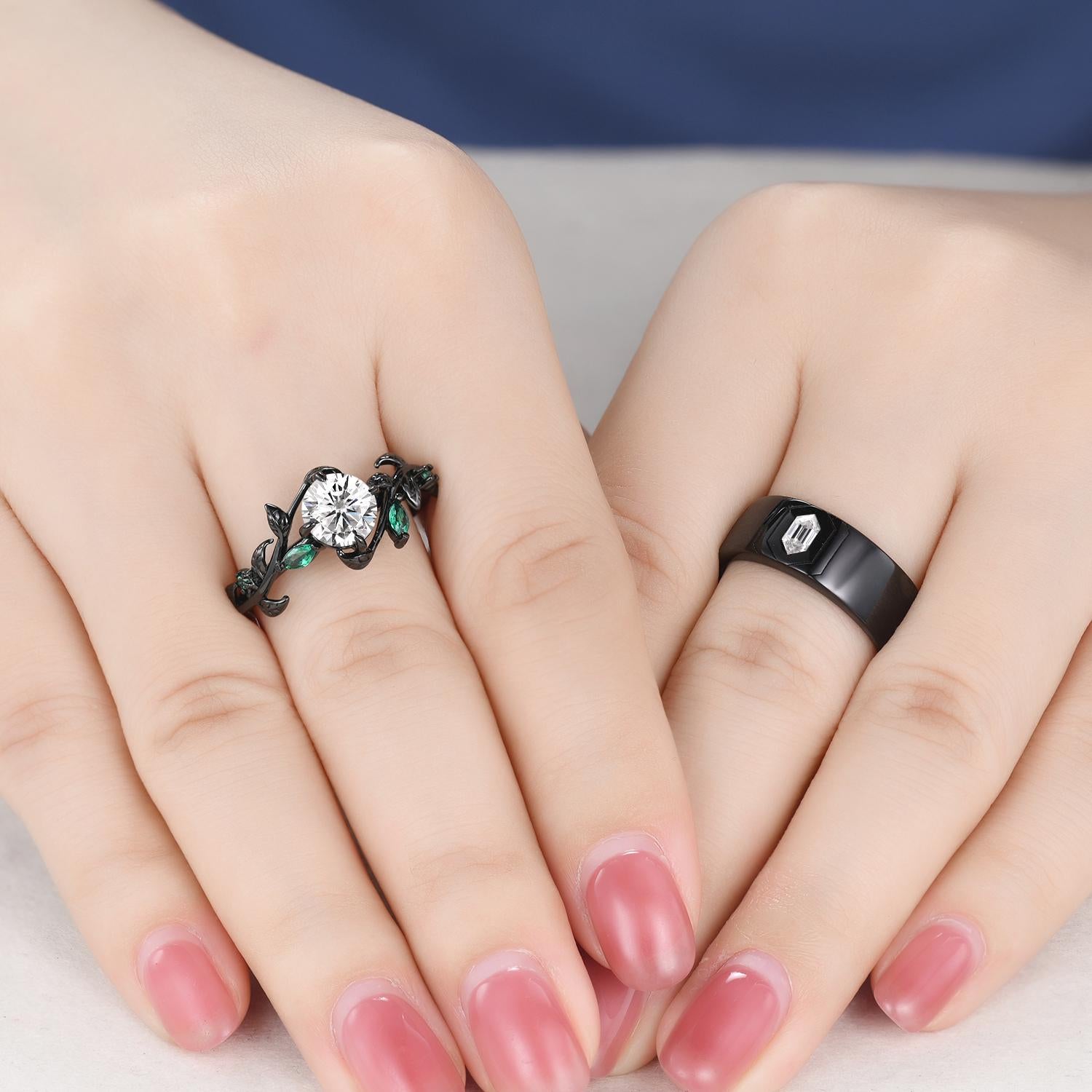 Gothic Moissanite Engagement Ring: 14k Black Gold Leaf Band