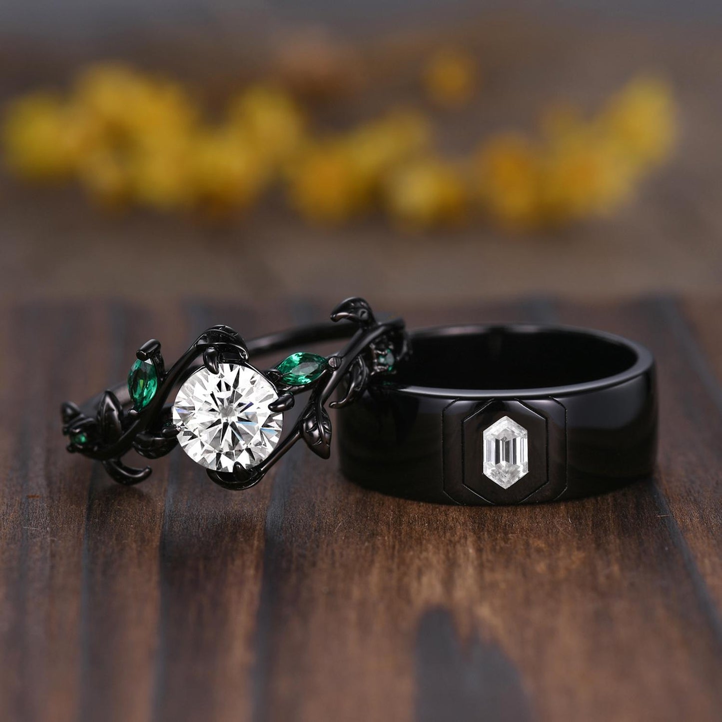 Gothic Moissanite Engagement Ring: 14k Black Gold Leaf Band