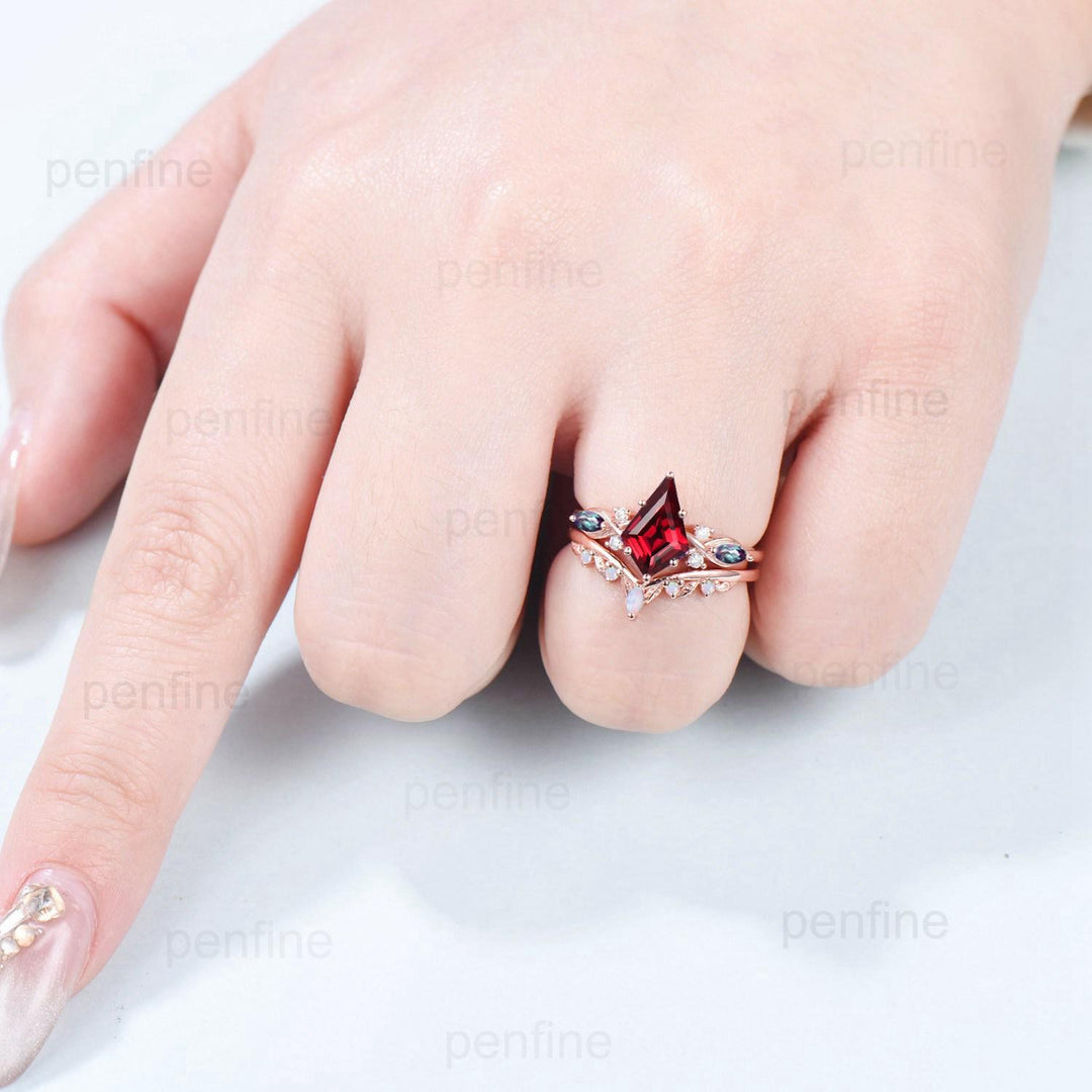 Kite Cut Ruby Ring Set, Marquise Alexandrite, Opal Stacking Band - PENFINE