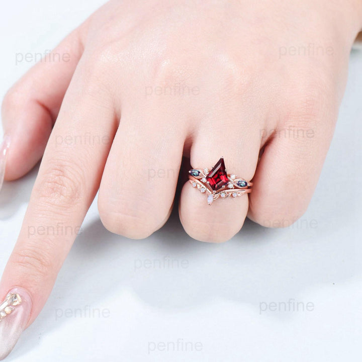 Kite Cut Ruby Ring Set, Marquise Alexandrite, Opal Stacking Band - PENFINE