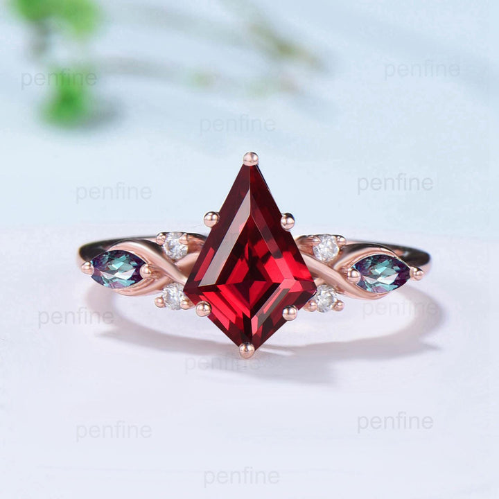 Kite Cut Ruby Ring Set, Marquise Alexandrite, Opal Stacking Band - PENFINE