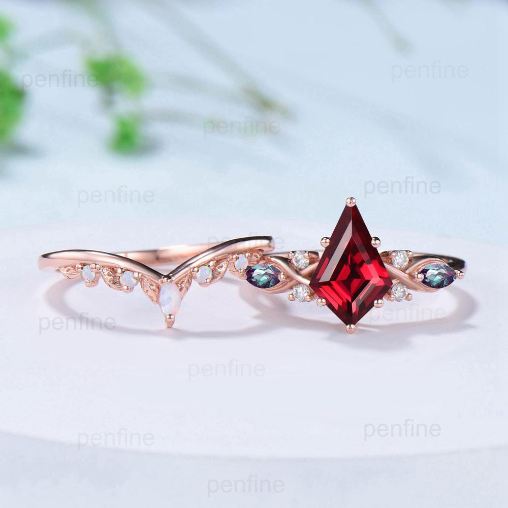 Kite Cut Ruby Ring Set, Marquise Alexandrite, Opal Stacking Band - PENFINE