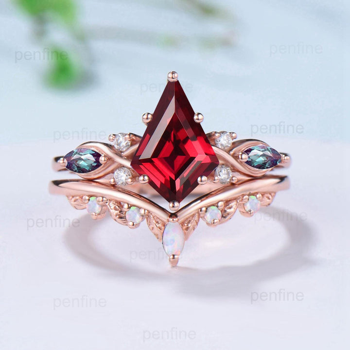 Kite Cut Ruby Ring Set, Marquise Alexandrite, Opal Stacking Band - PENFINE