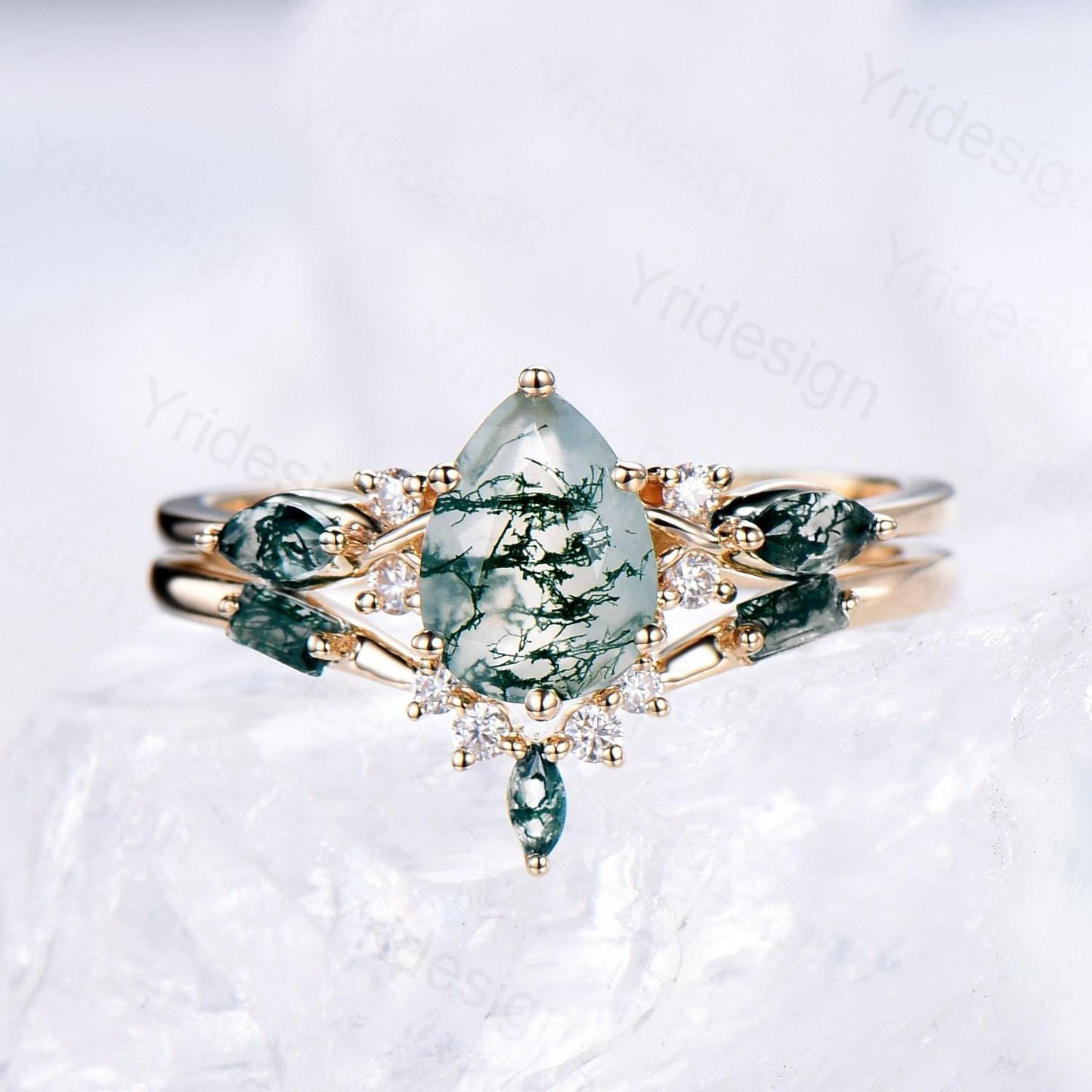 Solid 14K Yellow Gold Pear Shaped Natural Moss Agate Engagement Ring Set Unique Green Agate Agate Vine Art Deco Wedding Ring Set for Women - PENFINE