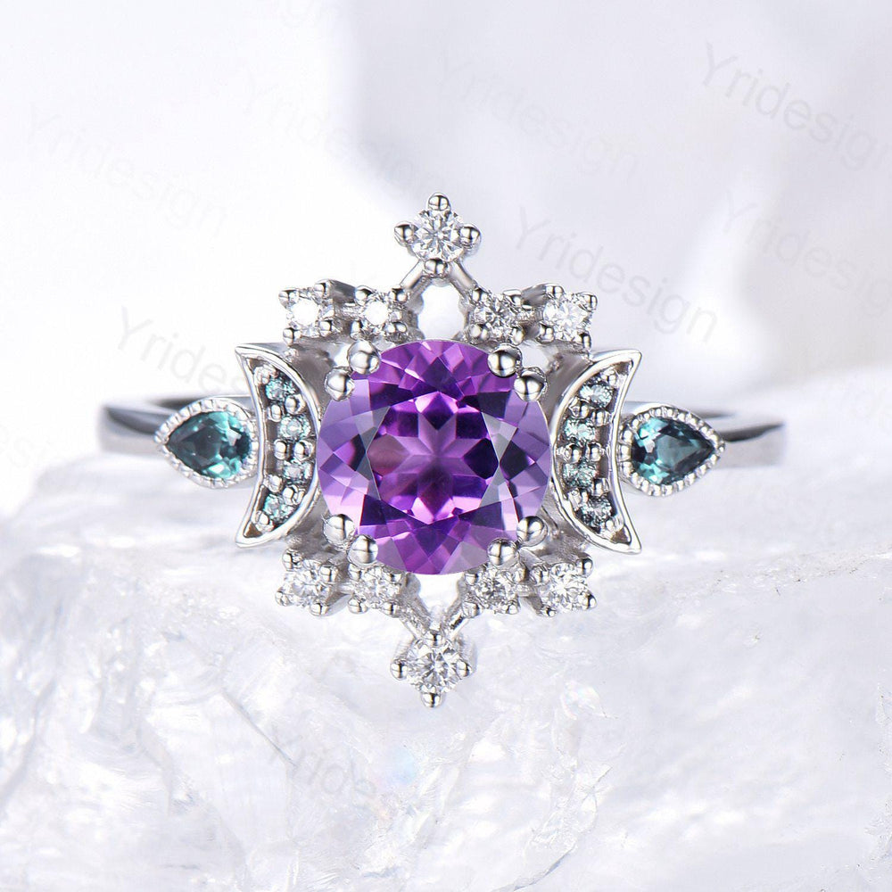 Vintage Purple Amethyst Engagement Ring Fancy Crescent Moon Alexandrite Wedding Ring Galaxy Star Art Deco Anniversary Ring Gift for Women - PENFINE