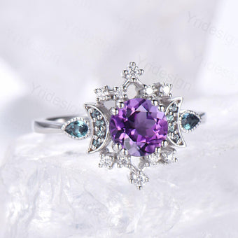 Vintage Purple Amethyst Engagement Ring Fancy Crescent Moon Alexandrite Wedding Ring Galaxy Star Art Deco Anniversary Ring Gift for Women - PENFINE