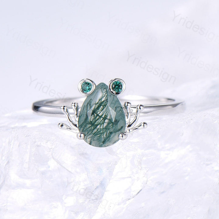 Unique moss agate engagement ring set, Frog animal inspired green agate wedding set, women pear shaped bridal set anniversary ring for girl - PENFINE