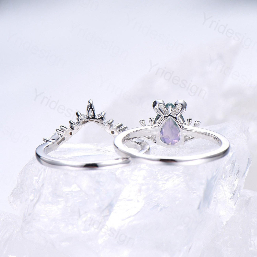 Unique Frog ring, Art Deco Lavender Amethyst engagement ring set,  Animal inspired green moss agate wedding set, Anniversary promise ring - PENFINE