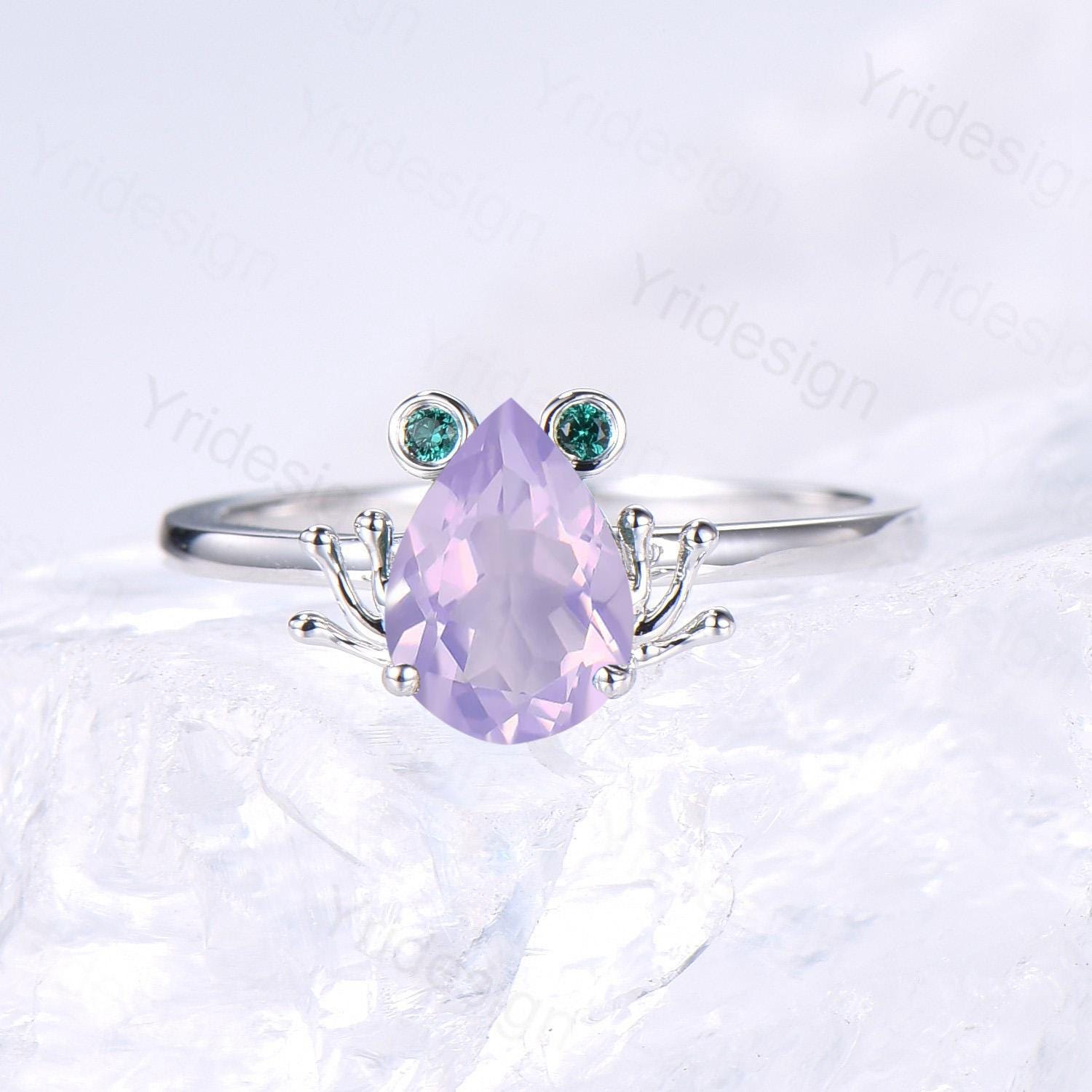 Unique Frog ring, Art Deco Lavender Amethyst engagement ring set,  Animal inspired green moss agate wedding set, Anniversary promise ring - PENFINE