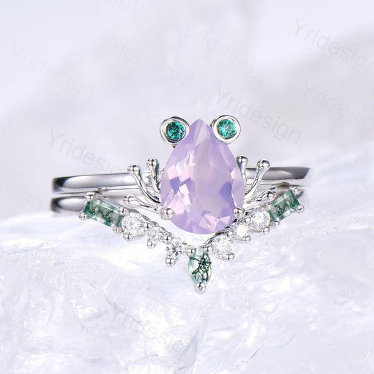Unique Frog ring, Art Deco Lavender Amethyst engagement ring set, Animal inspired green moss agate wedding set, Anniversary promise ring - PENFINE