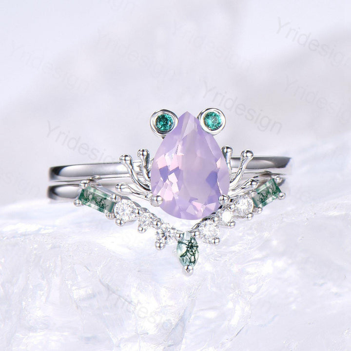 Unique Frog ring, Art Deco Lavender Amethyst engagement ring set,  Animal inspired green moss agate wedding set, Anniversary promise ring - PENFINE