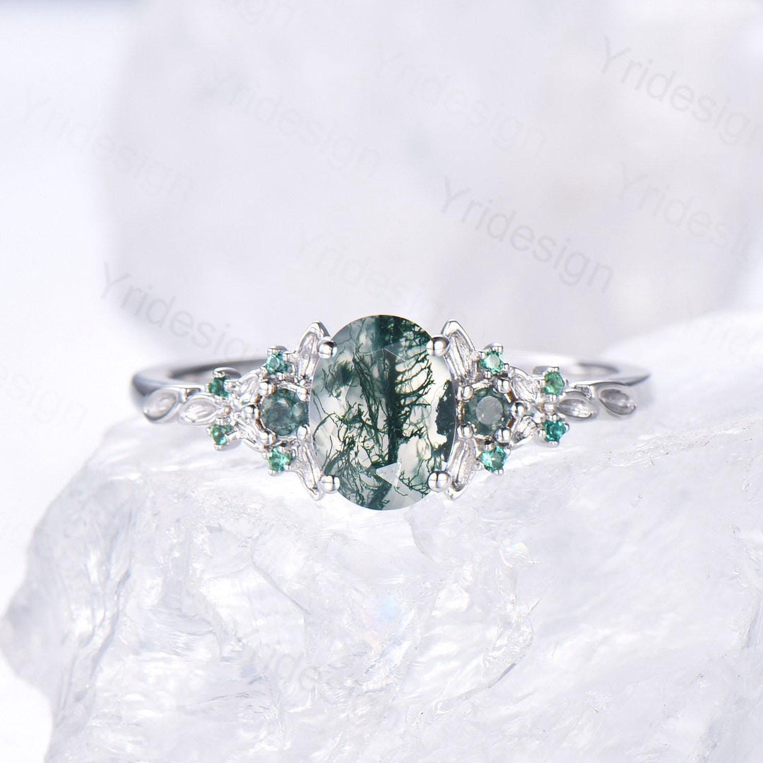 1.5CT Oval Moss Agate Engagement Ring Unique Leaf Green Agate Cluster Emerald Wedding Ring White Gold Bridal Promise Ring Anniversary Gift - PENFINE