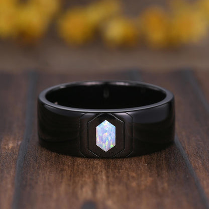 Gothic Hexagon White Opal Wedding Ring Set: Black Gold Promise Rings