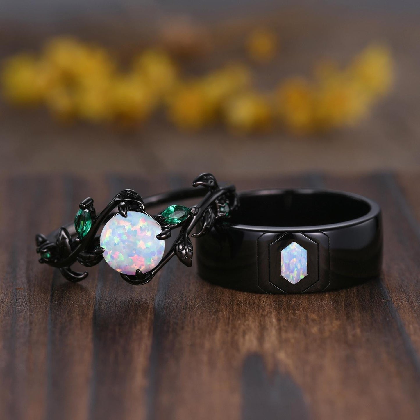 Gothic Hexagon White Opal Wedding Ring Set: Black Gold Promise Rings