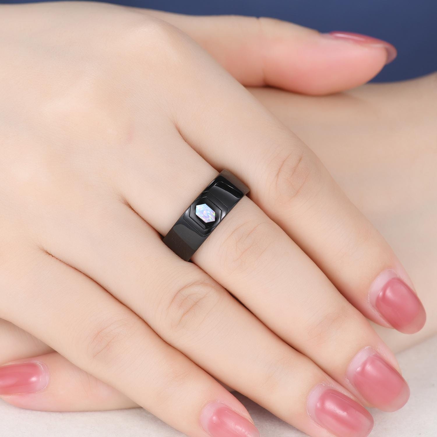Gothic Hexagon White Opal Wedding Ring Set: Black Gold Promise Rings