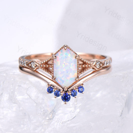 Vintage Long Hexagon White Opal Ring Set, Rose Gold Engagement Ring Set, Art Deco Blue Sapphire Stacking Band, Oval Cut Fire Opal Bridal Set - PENFINE