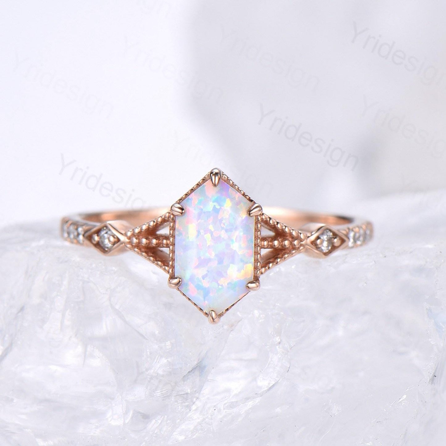 Vintage Long Hexagon White Opal Ring Set, Rose Gold Engagement Ring Set, Art Deco Blue Sapphire Stacking Band, Oval Cut Fire Opal Bridal Set - PENFINE