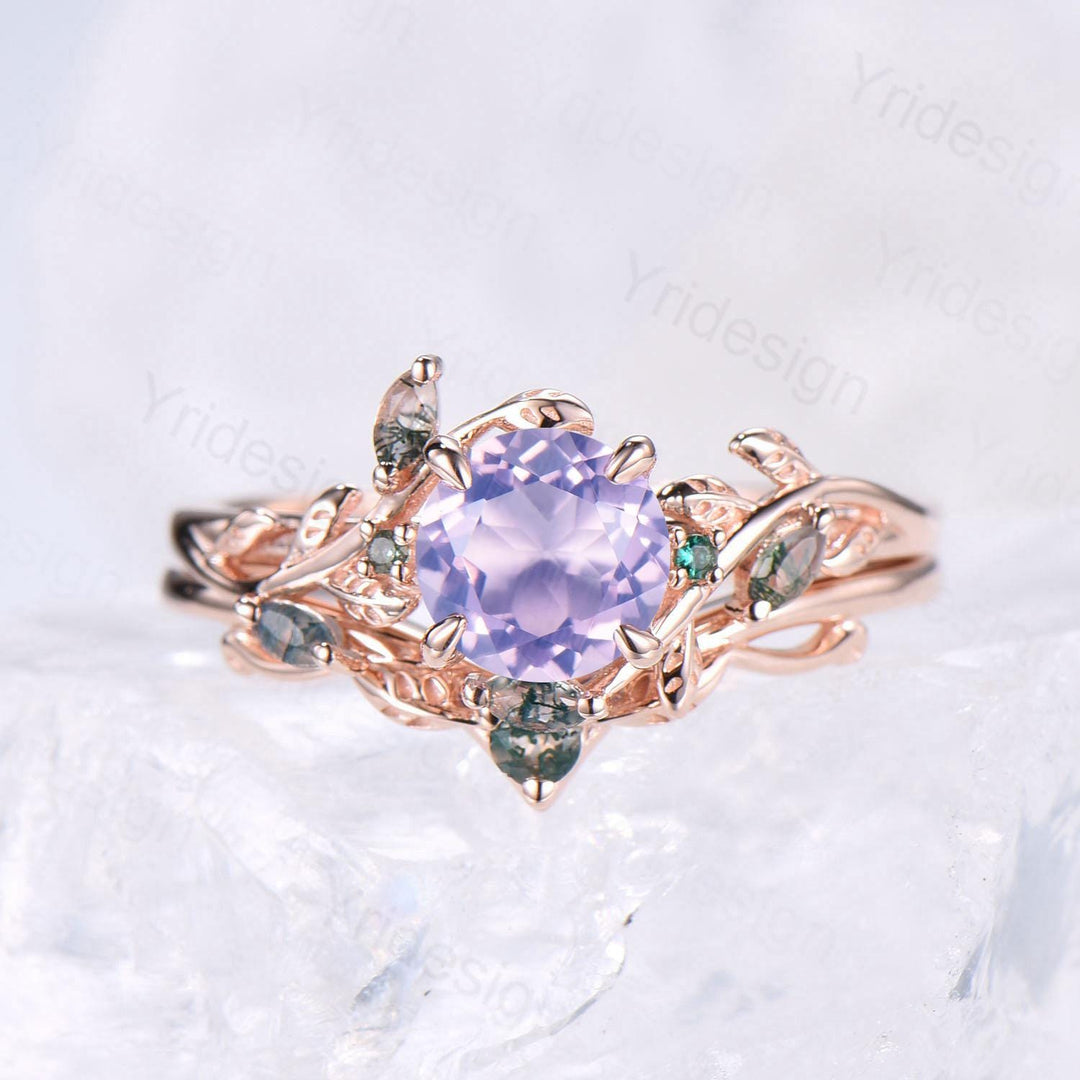 Elegant Natural Lavender Amethyst Engagement Ring Set Unique Nature Inspired Green Moss Agate Wedding Ring Set Rose Gold Stacking Band Women - PENFINE