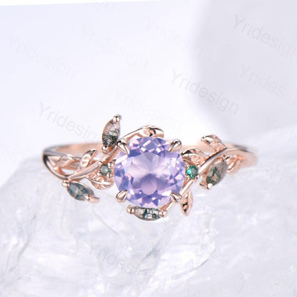 Elegant Natural Lavender Amethyst Engagement Ring Set Unique Nature Inspired Green Moss Agate Wedding Ring Set Rose Gold Stacking Band Women - PENFINE