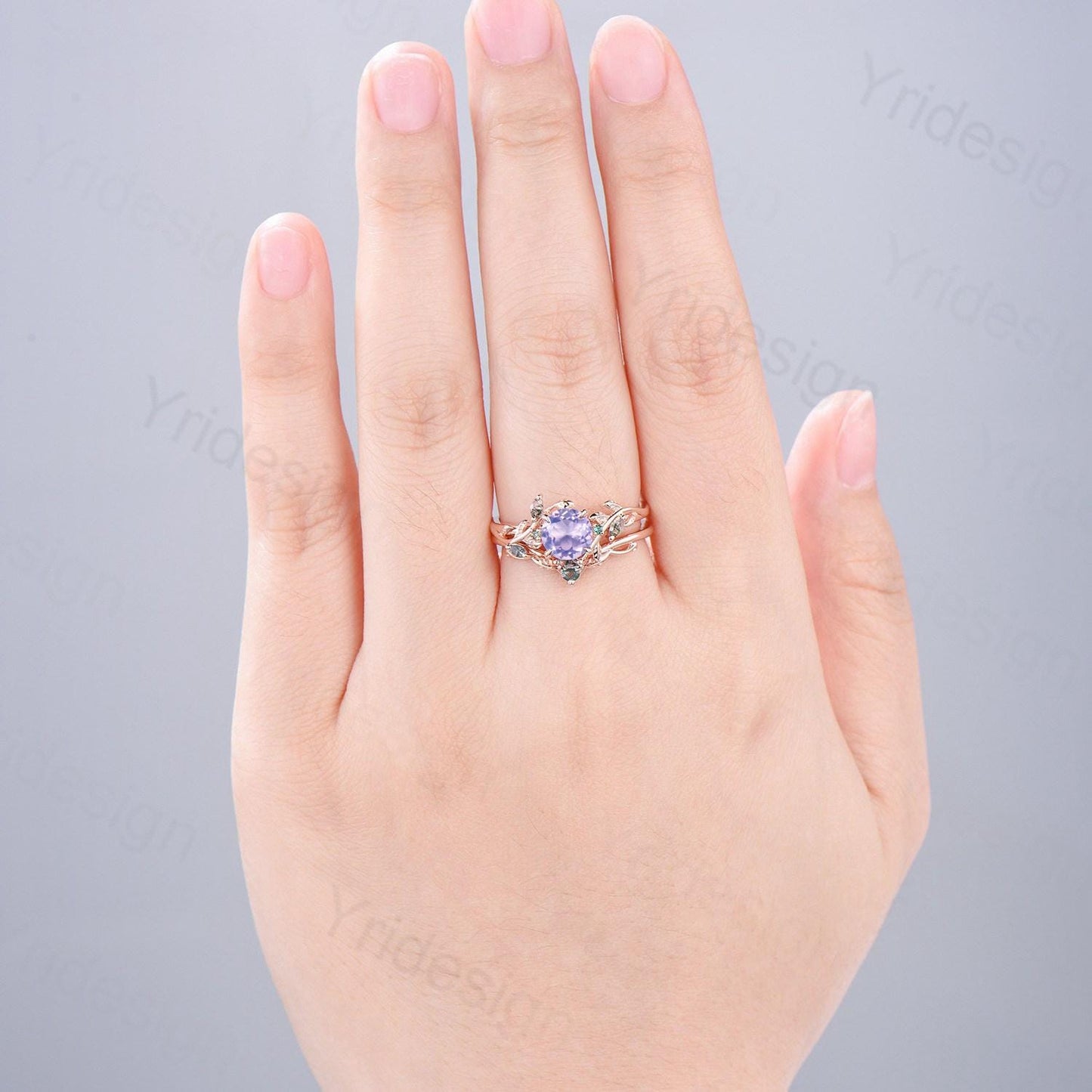 Elegant Natural Lavender Amethyst Engagement Ring Set Unique Nature Inspired Green Moss Agate Wedding Ring Set Rose Gold Stacking Band Women - PENFINE