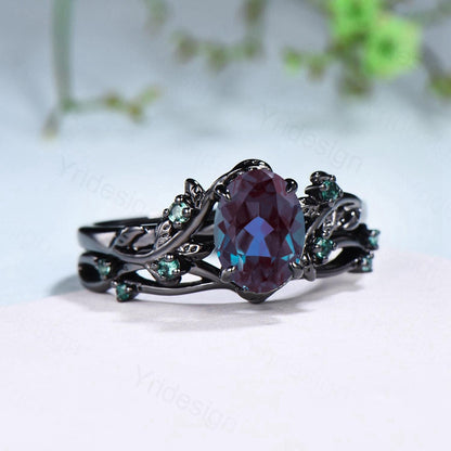 Unique black gold alexandrite ring set Nature Inspired twig leaf engagement ring vintage cluster emerald Leaf wedding ring set for women - PENFINE