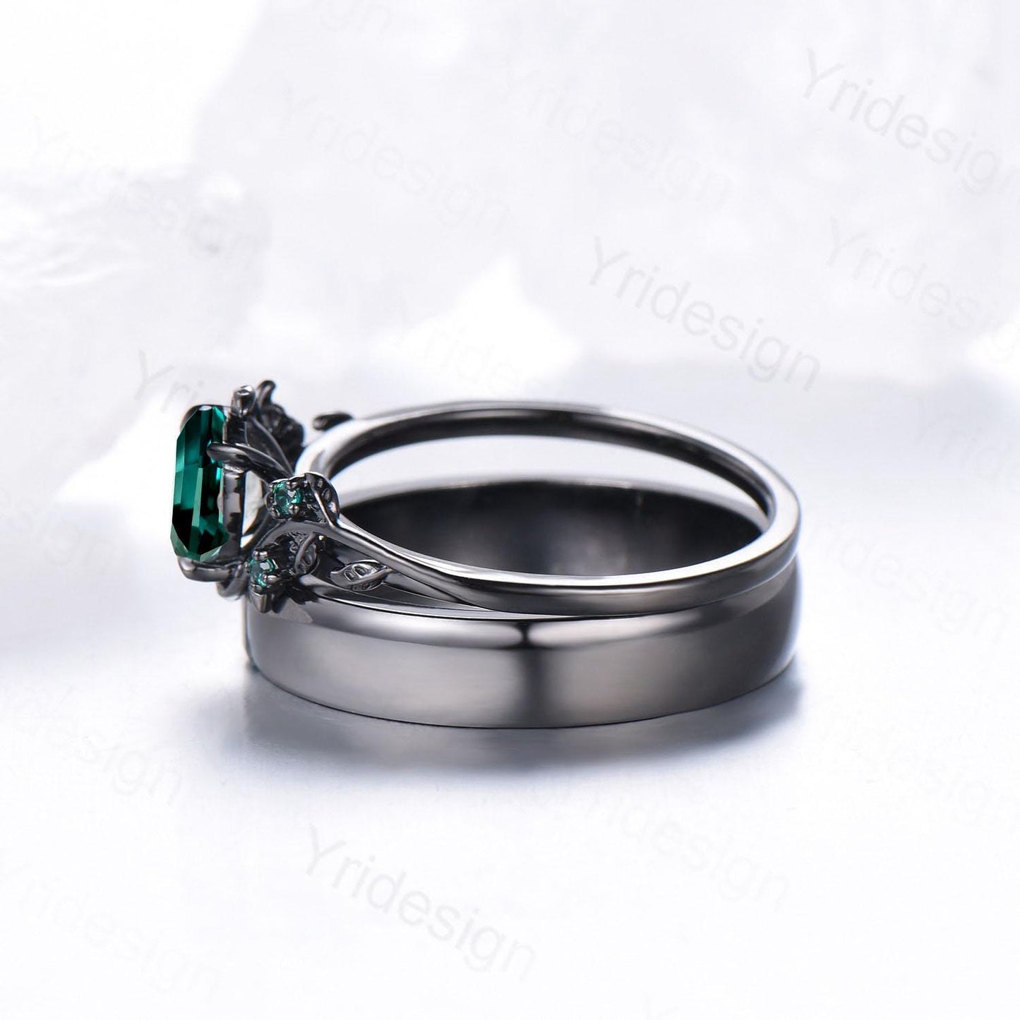 Couples ring set black gold emerald wedding ring set vintage bridal ring men and women His Hers engagement ring promise anniversary gift - PENFINE