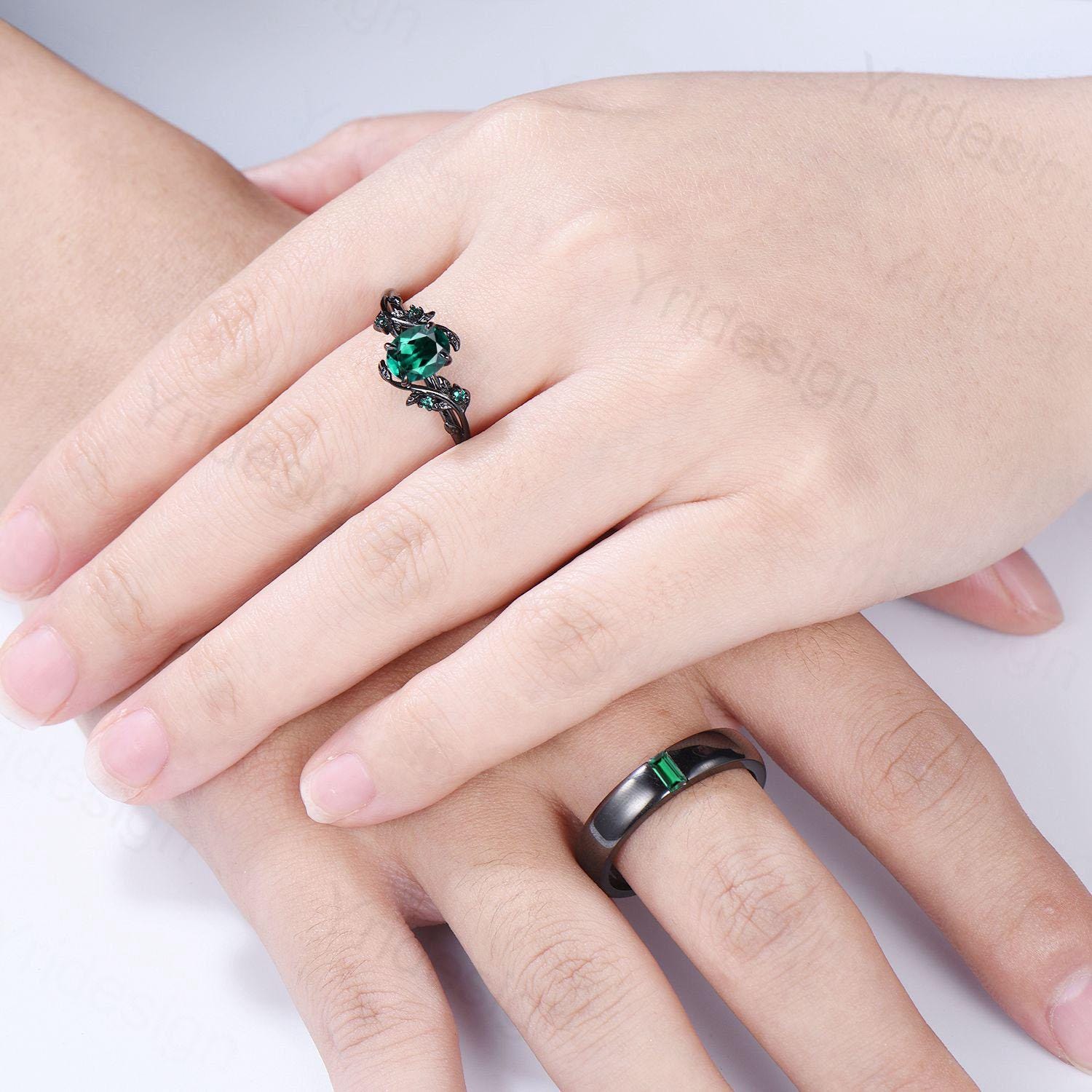 Couples ring set black gold emerald wedding ring set vintage bridal ring men and women His Hers engagement ring promise anniversary gift - PENFINE