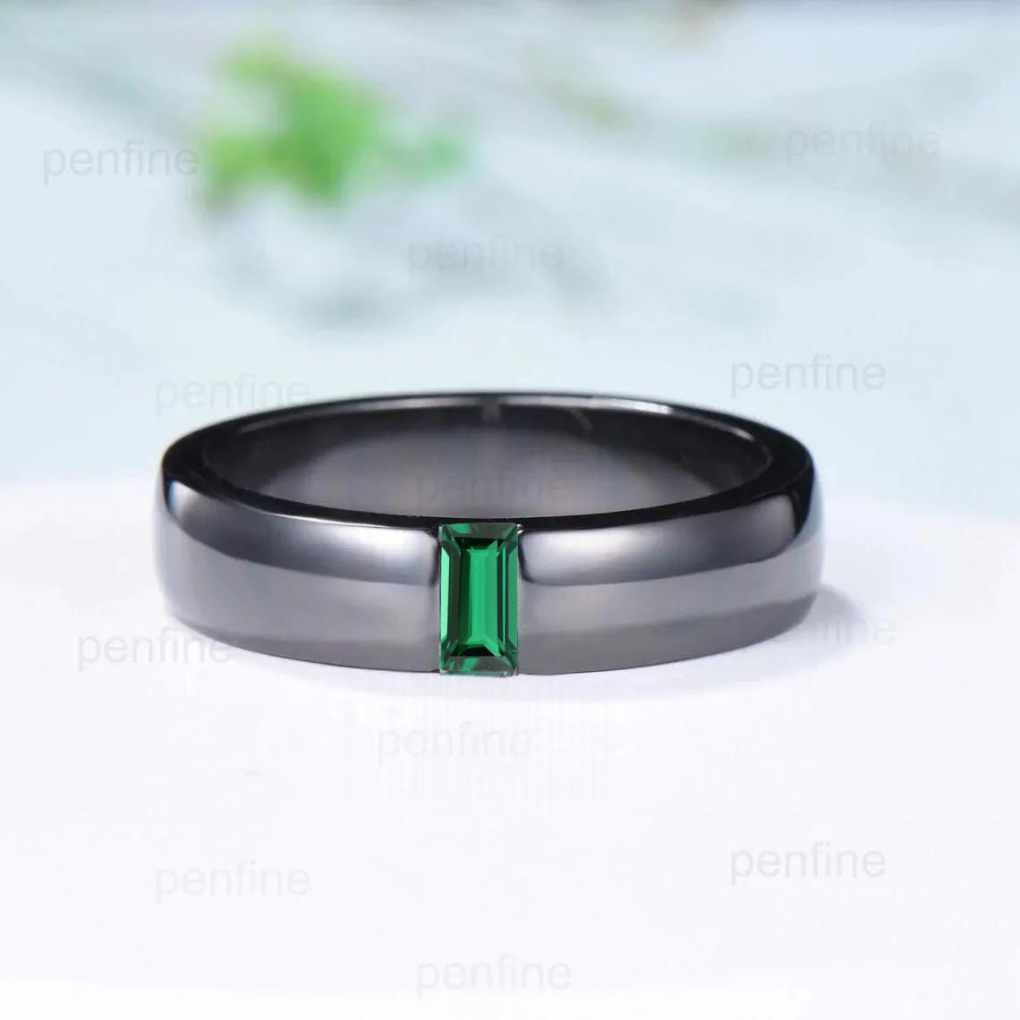 Couples ring set black gold emerald wedding ring set vintage bridal ring men and women His Hers engagement ring promise anniversary gift - PENFINE