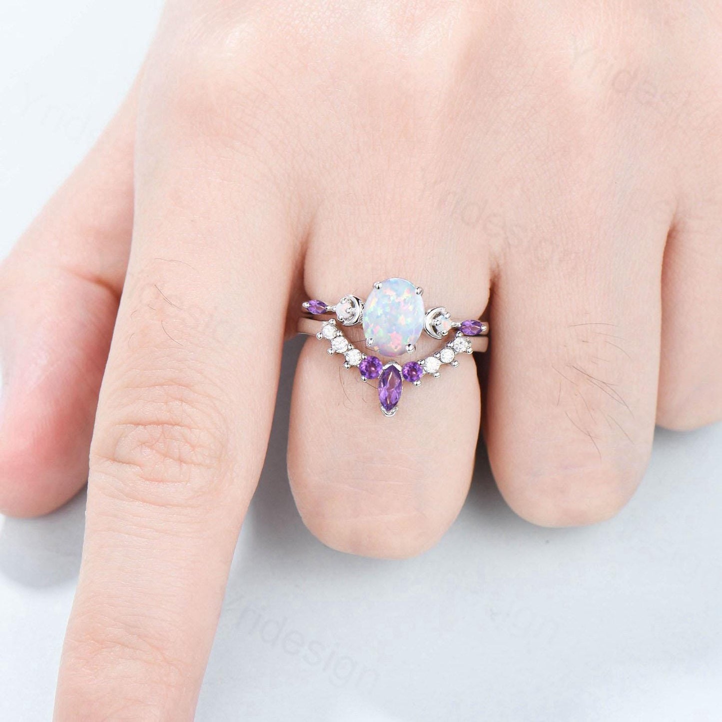 Vintage Oval Opal Engagement Ring Set Unique Marquise Amethyst Moon Fire Opal Wedding Ring 925 Sterling Silver 2pcs Bridal Ring Set Women - PENFINE