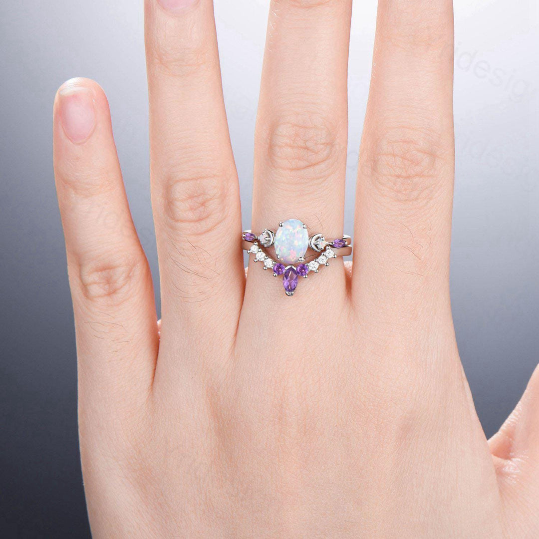 Vintage Oval Opal Engagement Ring Set Unique Marquise Amethyst Moon Fire Opal Wedding Ring 925 Sterling Silver 2pcs Bridal Ring Set Women - PENFINE