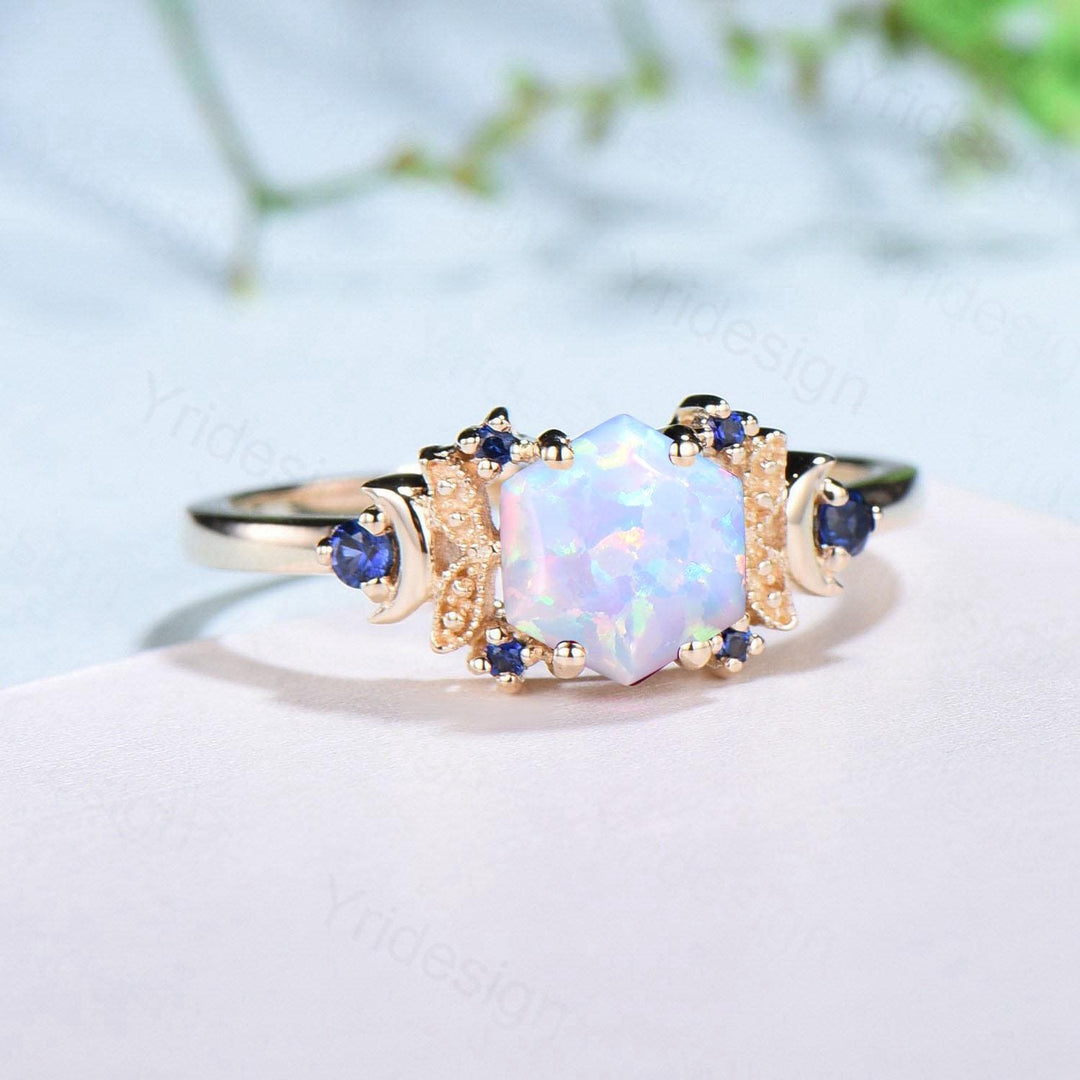 Vintage Moon opal engagement ring unique hexagon cut white opal milgrain wedding ring rose gold cluster sapphire ring handmade proposal gift - PENFINE