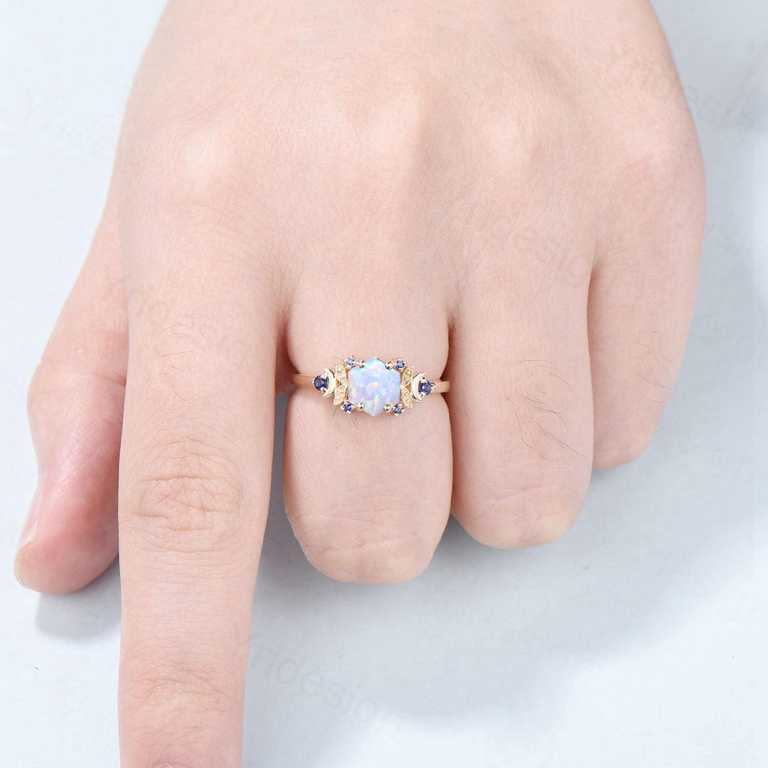 Vintage Moon opal engagement ring unique hexagon cut white opal milgrain wedding ring rose gold cluster sapphire ring handmade proposal gift - PENFINE