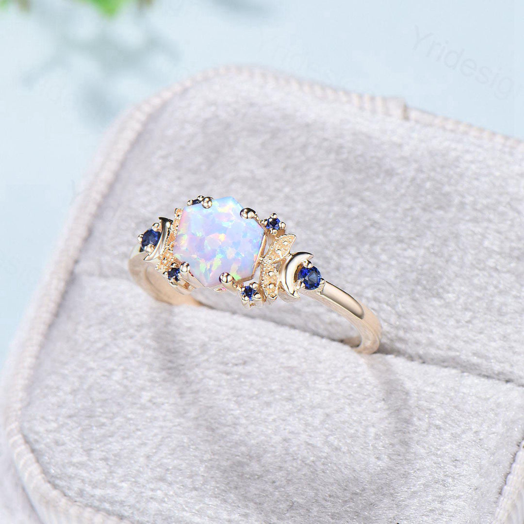 Vintage Moon opal engagement ring unique hexagon cut white opal milgrain wedding ring rose gold cluster sapphire ring handmade proposal gift - PENFINE