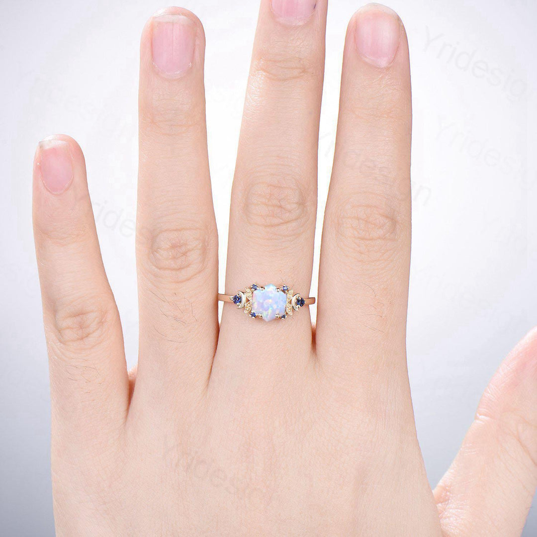 Vintage Moon opal engagement ring unique hexagon cut white opal milgrain wedding ring rose gold cluster sapphire ring handmade proposal gift - PENFINE