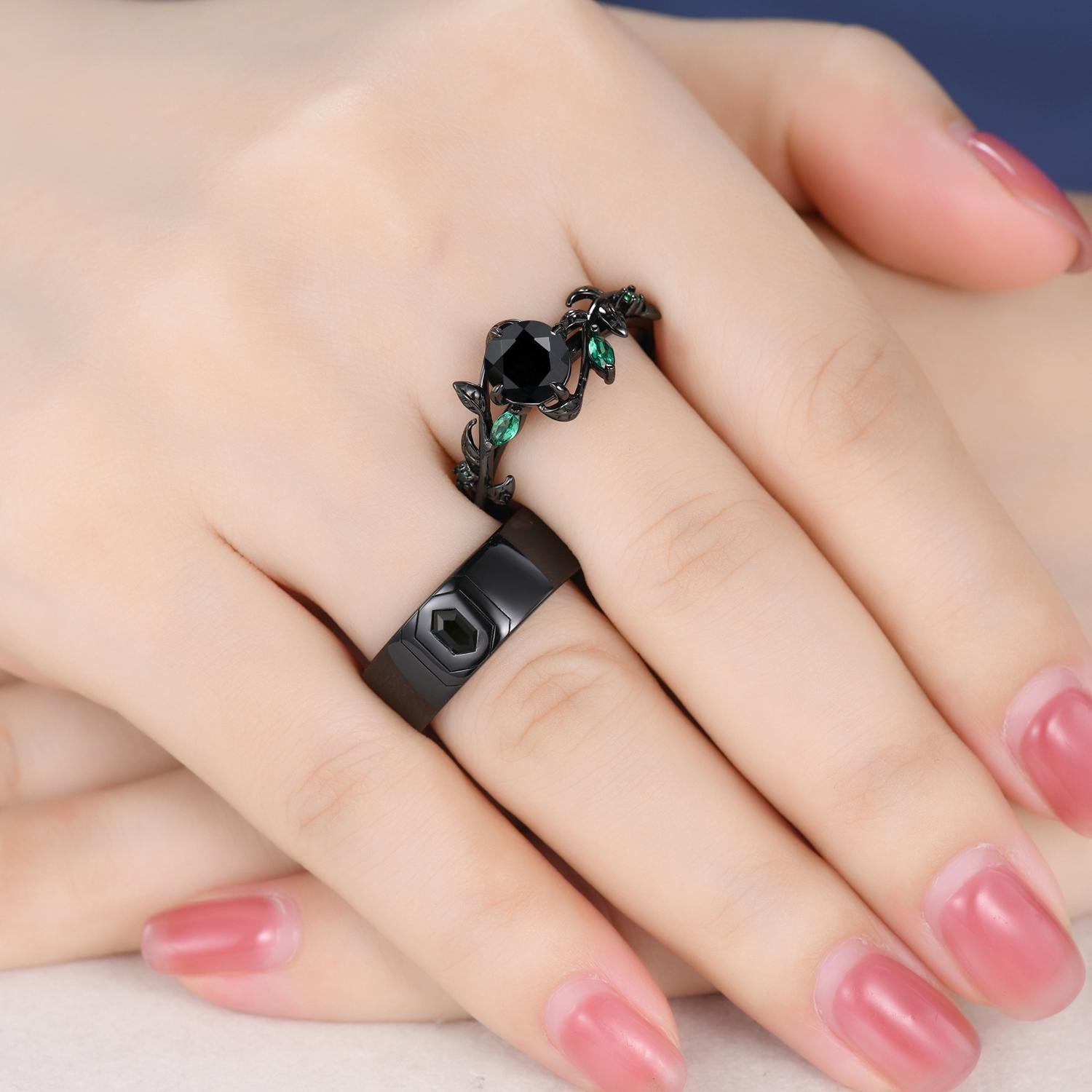 Gothic Black Onyx Couples Ring Set: Silver & Black Promise Rings