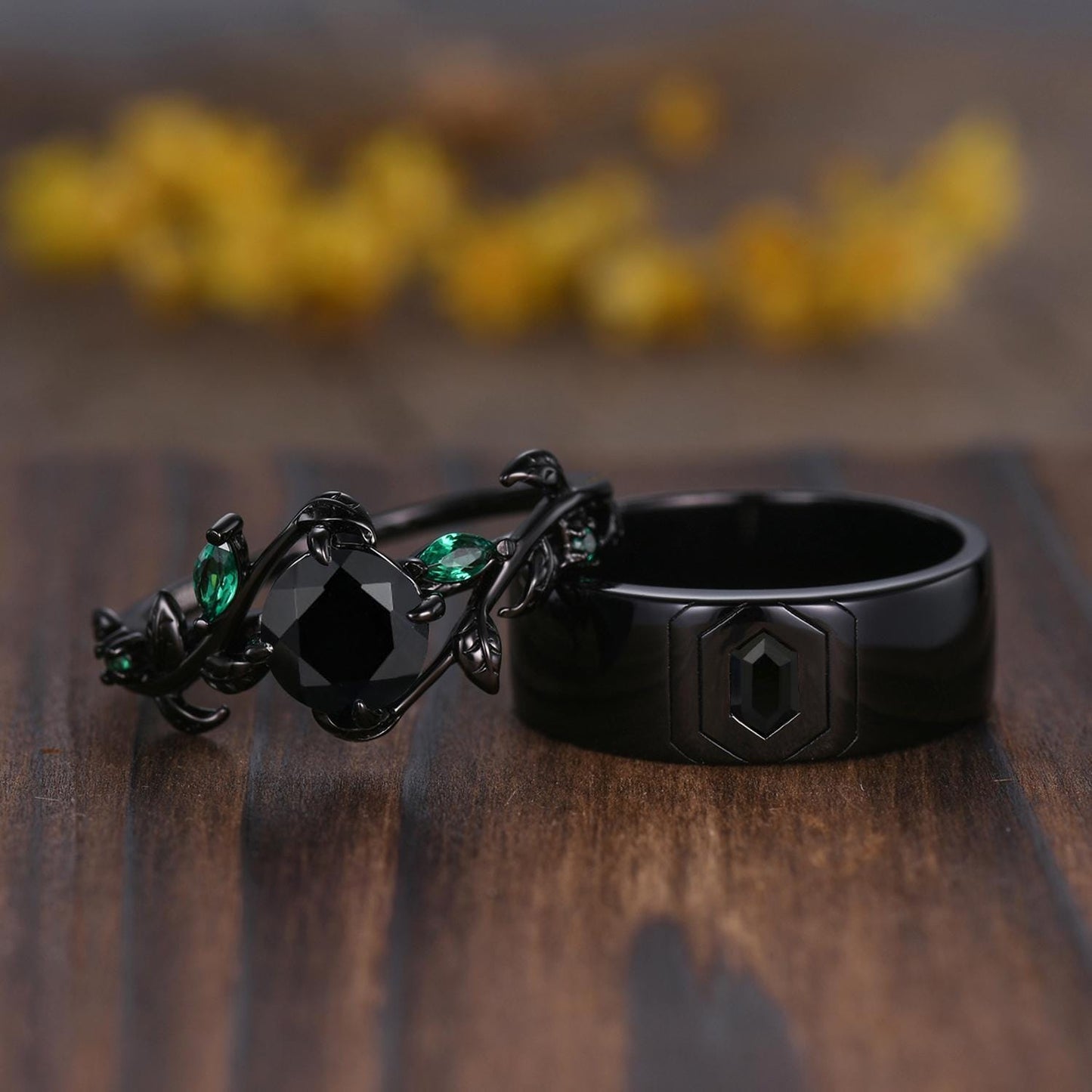 Gothic Black Onyx Couples Ring Set: Silver & Black Promise Rings