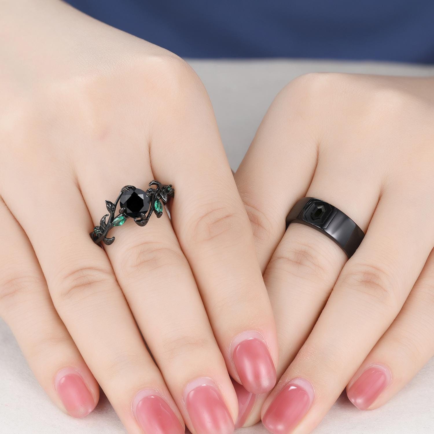 Gothic Black Onyx Couples Ring Set: Silver & Black Promise Rings