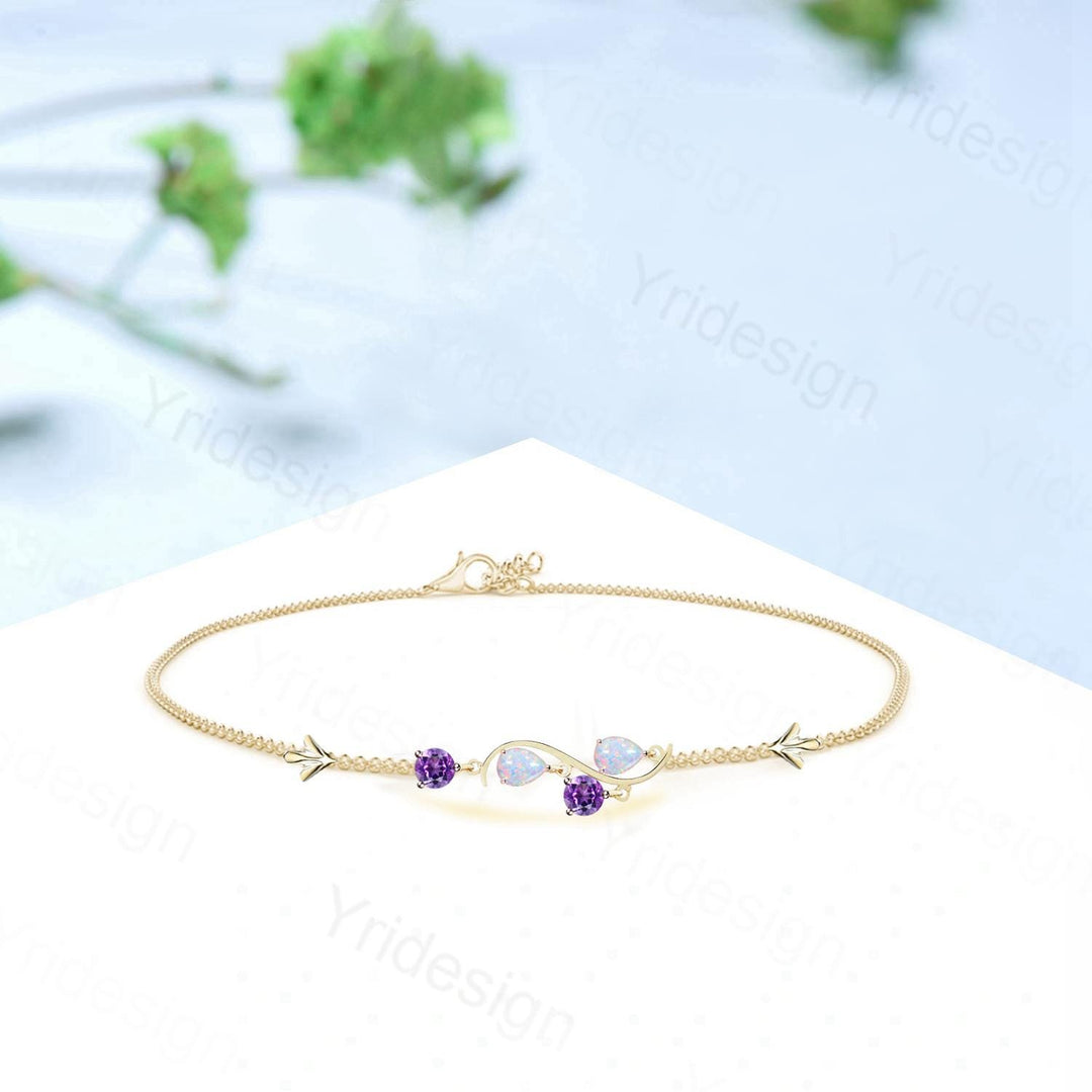 Minimalist Pear Shaped White Opal Bracelet Elegant Fire Opal Amethyst Lobster Claw Bracelet Silver Rose Gold Art Deco Anniversary Gift - PENFINE